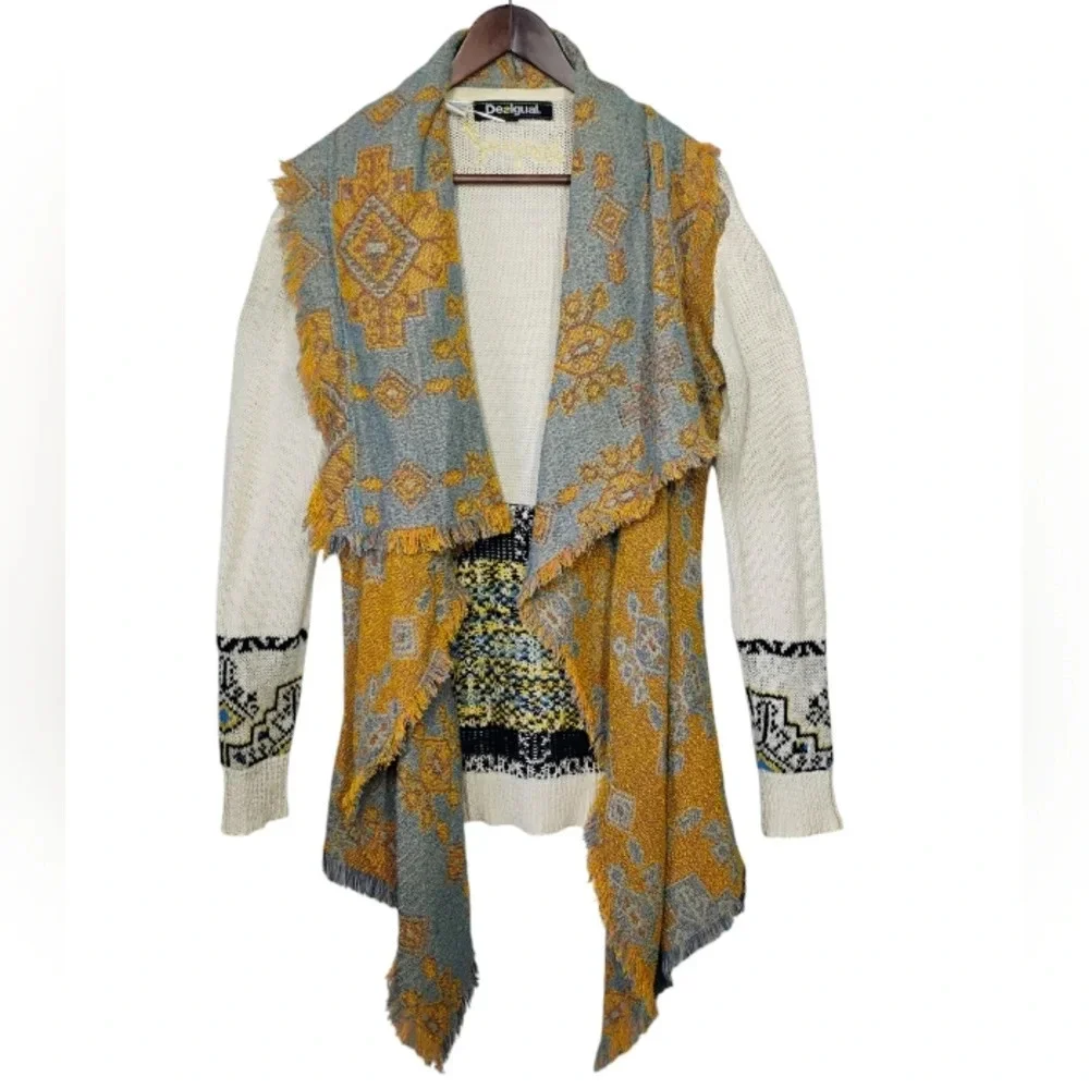 Desigual Drape Cardigan Womens Medium Aztec Southwestern Boho‎ Open Front Artsy